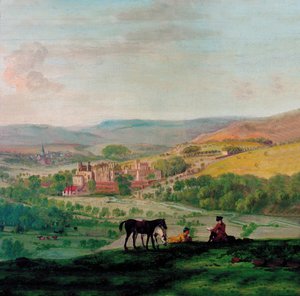 Vista del Siglo XVIII de Haddon Hall con el pueblo de Bakewell en el fondo de John Raphael Smith