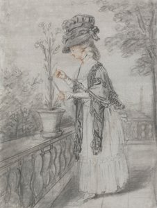 Dama en una terraza cuidando un clavel de John Raphael Smith