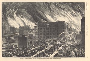 Chicago en llamas - la carrera por la vida sobre el puente de la calle Randolph, ilustración de Harpers Weekly, 1871 de John Reuben after Chapin