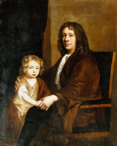 Retrato de Thomas Rowe y su hijo, sentados tres cuartos de longitud, el primero con una bata marrón, el segundo con un vestido y abrigo marrón de John Riley