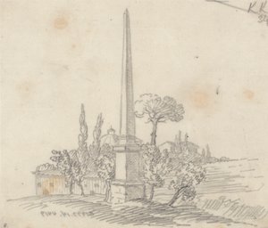 Un obelisco con tejados y árboles a lo lejos