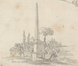 Un obelisco con tejados y árboles a lo lejos de John Robert Cozens
