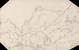 Vista a la montaña con edificios de John Robert Cozens