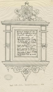 Iglesia de Rugeley (Antigua) - Monumento a Richard Weston: trazo en tinta y pluma de John Robert Fernyhough