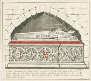 Iglesia de Uttoxeter - Tumba de la Dama Abadesa de la Familia Kynnersley: dibujo a pluma y lavado, nd [mediados del siglo XIX] de John Robert Fernyhough