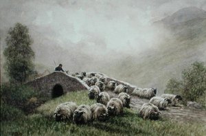 Puente de las Tierras Altas con pastor y rebaño de John Robert Keitley Duff