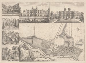 Un Plano de los Jardines y Vista de los Edificios del Muy Honorable Henry Pelham, Esqr. en Echa en el Condado de Surrey.
