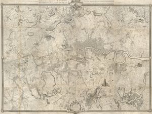 Un mapa de Londres del siglo XVIII. Una encuesta exacta de la ciudad de Londres, Westminster ye Borough of Southwark y el país cerca de diez millas a la redonda comenzó en 1741 y finalizó en 1745 / por el agrimensor John Rocque y (grabado) por Richard Parr de John Rocque