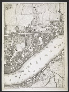 Plano de Londres, Ratcliff Highway, Upper Shadwell Road,  Un plan de las ciudades de Londres y Westminster, y el distrito de Southwark; : con los edificios contiguos; De una encuesta real, / tomada por JOHN ROCQUE, Land-Surveyor, y grabada por John Pine,  