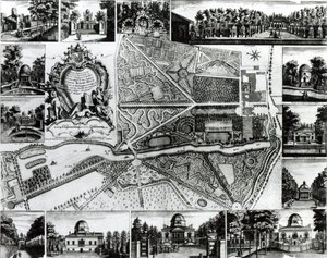 Plano del jardín y vista de las casas en Chiswick en el Támesis de John Rocque