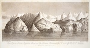 Cabo Byam Martin, Monte Pofsefsion y Cabo Fanshawe, descubierto el 1 de septiembre de 1818 por el HMS Isabella, ilustración de 