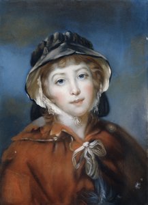 Retrato de una niña, busto, con una capa roja atada con un lazo y un sombrero negro