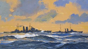 Los cruceros británicos HMS Exeter y HMS York (gouache sobre papel) de John S. Smith