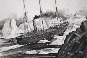 El Roosevelt atravesando el hielo para llegar al Polo Norte (gouache sobre papel) de John S. Smith