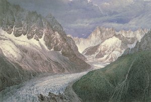 Vista del Mer de Glace con el Aiguille du Moine a la izquierda y las Grandes Jorasses a lo lejos a la derecha, siglo XIX