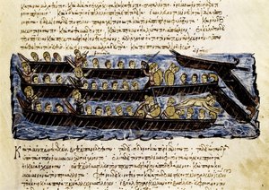 Una flota rusa, miniatura de la "Synopsis historiarum", c.1126-1150 de John Scylitzes
