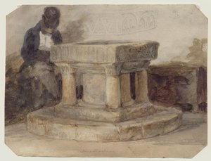 La fuente de la iglesia de New Shoreham, West Sussex, con el artista, William Scott de Brighton ¿durmiendo? de John Sell (style of) Cotman