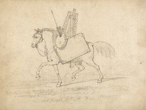 Un caballo cargado con el equipo del artista, caminando hacia la izquierda