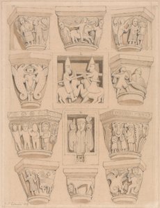 Capiteles y bajorrelieves A y B de la iglesia abacial de Saint Georges de Bocherville, cerca de Ruán, Normandía de John Sell Cotman