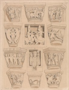 Capiteles y Relieves A y B en la Iglesia Abacial de Saint Georges de Bocherville, cerca de Rouen, Normandía de John Sell Cotman