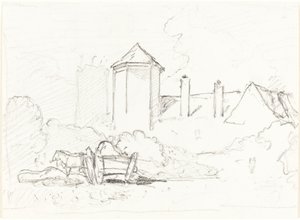 Boceto de edificios con carro y caballos en primer plano de John Sell Cotman