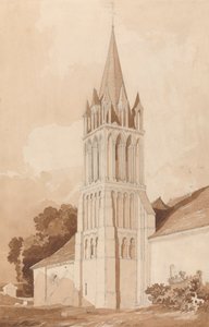 Vista sureste de la iglesia de Ifs, cerca de Caen, Normandía