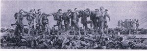 La estación de primeros auxilios. Víctimas de gas mostaza, de British Adventure publicado por Collins, 1947 de John Singer Sargent