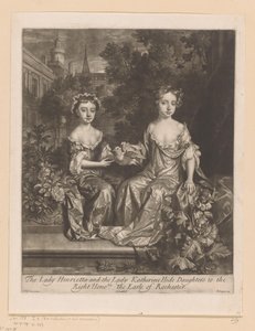 Portret van Henrietta y Katherine Hyde conocieron a een duif Lady Henrietta y Lady Katherine Hide, hijas del / Muy Honorable Conde de Rochester (título sobre el objeto) de John Smith