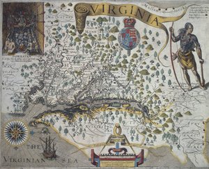 Mapa de Virginia: Recuadro (arriba a la izquierda) que muestra el interior de la cabaña del jefe indio Powathan, por John Smith (1580-1631) de John Smith
