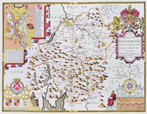 El condado de Westmorland, grabado por Jodocus Hondius (1563-1612) del Teatro del Imperio de Gran Bretaña de John Speed, pub. por John Sudbury y George Humble, 1611-12