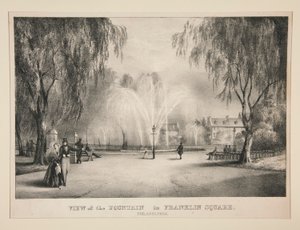 Vista de la fuente en Franklin Square, Filadelfia