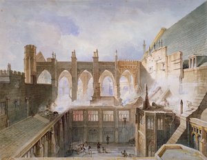 Vista de la destrucción de la Capilla de San Esteban, Palacio de Westminster, Londres, 1834