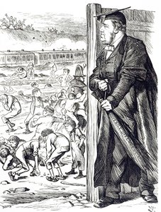 Una caricatura que representa a William Vernon Harcourt (1827-1904) quien, cuando era Secretario del Interior, recomendó la introducción de la vara en lugar de la detención para los delincuentes juveniles. Ilustrado por John Tenniel (1820-1914) un ilustrad de John Tenniel