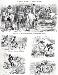 Caricatura que representa a un hombre cazando en un triciclo de John Tenniel