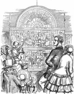 Alberto, Príncipe Consorte de la Reina Victoria, mostrando el Crystal Palace y la Gran Exposición en Hyde Park, Londres. Caricatura de John Tenniel de Punch Londres 1851. Grabado en madera