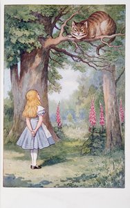Alicia y el gato de Cheshire, Las aventuras de Alicia en el país de las maravillas y A través del espejo y lo que Alicia encontró allí, de Lewis Carroll (1832 - 98), publicado en 1911 (litografía coloreada)