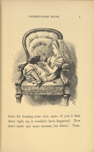 Alicia sentada en una silla jugando con un gatito. de John Tenniel