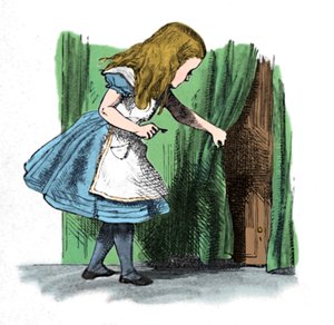 Alicia mirando una pequeña puerta detrás de una cortina, 1889