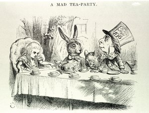 Alicia toma “Las aventuras de Alicia en el País de las Maravillas y a través del espejo” de Lewis Carroll, ilustración de John Tenniel (1820-1914)
