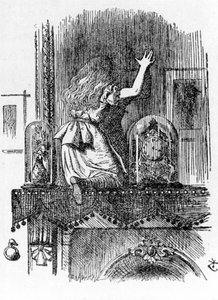 Alicia atravesando el espejo - en “Las aventuras de Alicia en el País de las Maravillas y a través del espejo” de Lewis Carroll, ilustración de John Tenniel (1820-1914)