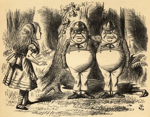 Alicia con Tweedledum y Tweedledee. Ilustración de Sir John Tenniel de John Tenniel