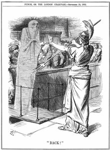 Britannia deteniendo el Cólera en los puertos británicos. En el brote de 1892 murieron alrededor de 260,000 en Rusia y 7,600 en Hamburgo. La epidemia fue prevenida en Gran Bretaña. Caricatura de John Tenniel de Punch Londres 10 de septiembre de 1892.