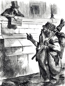 Dibujo comentando sobre la suciedad del Támesis y las investigaciones sobre sobornos durante las elecciones en Great Yarmouth, Reigate y Lancaster de John Tenniel