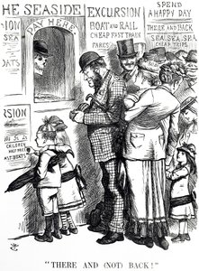 Caricatura comentando sobre la frecuencia de accidentes en trenes de excursión abarrotados de John Tenniel