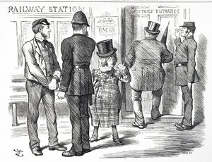 Caricatura comentando sobre las peticiones para que se haga obligatorio un sistema de señalización en bloque en los Ferrocarriles Británicos