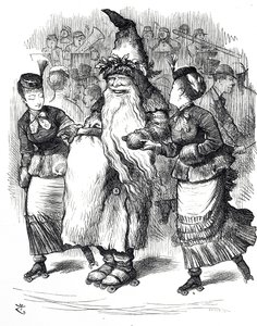 Caricatura que muestra a Papá Noel patinando sobre ruedas