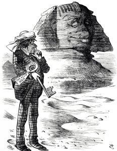 Dibujo que muestra al Primer Ministro Benjamin Disraeli sosteniendo el Canal de Suez como la clave para la posesión e influencia británica en la India