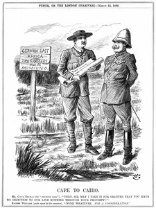 Cecil John Rhodes pidiendo permiso al emperador alemán para instalar una línea telegráfica a través de África Oriental Alemana. De El Cabo a El Cairo, caricatura de John Tenniel para Punch, Londres, 22 de marzo de 1899. Grabado de John Tenniel