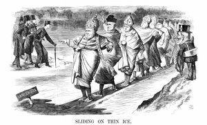 Conversos ingleses a Roma, incluyendo a Newman, patinando sobre hielo delgado mientras, a la izquierda, Pusey y sus amigos anglo-católicos 