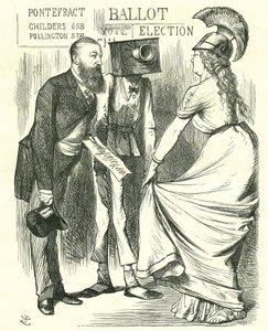 Hugh Childers (1827-1896) parlamentario británico, informando a Britannia del éxito de la nueva urna. Caricatura de John Tenniel de 